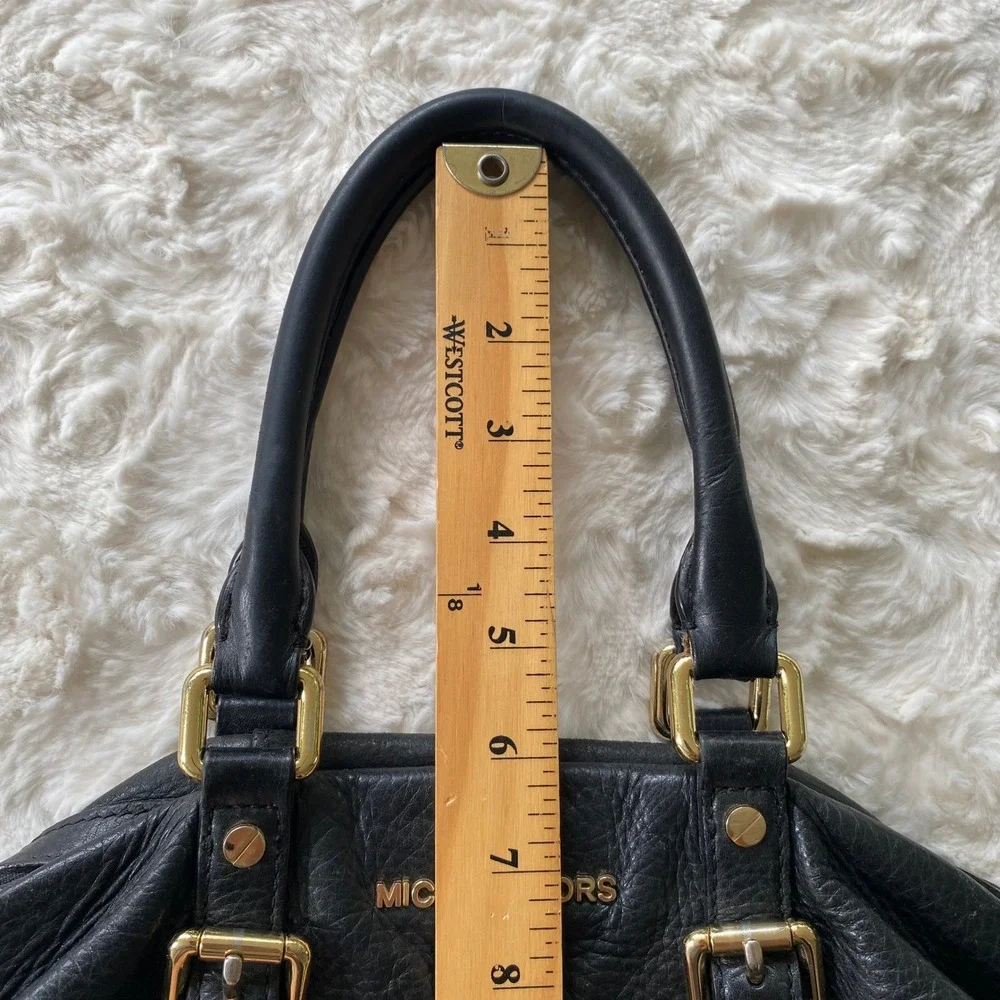 Michael Kors Satchel Handbag Black Pebbled Leather Gold Buckle Hardware Classic